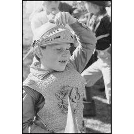 Unidentified boy dressed as a knight, Ipswich, July 1985