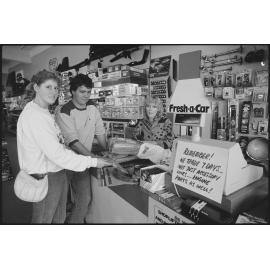 Unidentified people at Fresh-a-Car car accessories business, Ipswich, July 1985