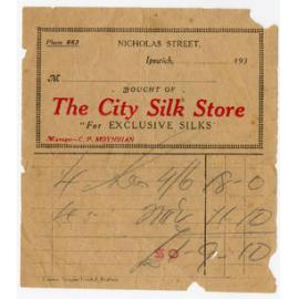 Receipt for The City Silk Store, Ipswich, 1930s