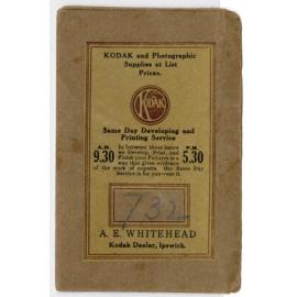 Cardboard envelope for photographs, A.E. Whitehead, Ipswich, 1930s