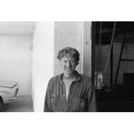 Employee at Jeff Denman's Tyre and Auto Service, Ipswich, August 1980