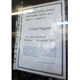 Notice of Charity shop closure over the passing of Glenis Nugent, Ipswich, December 2003