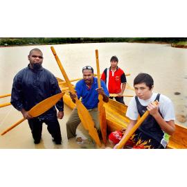 Michael Smith, Roy Ober, Norm Thomson, Darren Mees set off on canoe on maiden voyage, Ipswich, December 2003