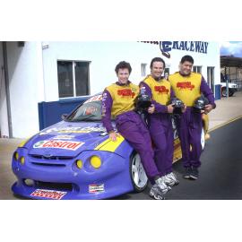 Julian Huxley, Fletcher Dyson and Glenn Panoho in racing gear, Ipswich, September 2003