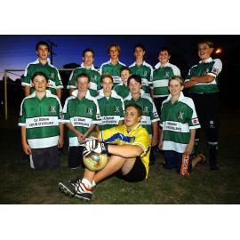 Unidentified football teams for Q.R. Redbank Centre of Excellence (14/4), D.M.G. Gas Repairs (17/3), and Pioneer Concrete (13/1), Ipswich, September 2003