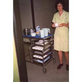 Maryanne Zahnow with tea trolley, Ipswich Hospital, Ipswich, 1990s