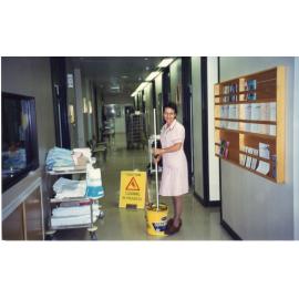 Nancee Jensen mopping floor, Ipswich Hospital, Ipswich 1990s
