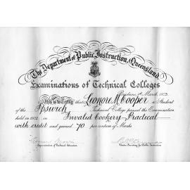 Technical College exam result Leonore M Cooper, 1922