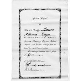 Nursing Certificate Ipswich Hospital Leonore M Cooper, c1922