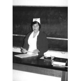 Helga McCutcheon (nee Washier) with lecture notes, School of Nursing, Ipswich Hospital, 1979
