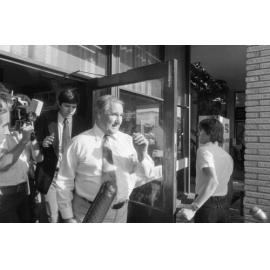 Unidentified man being interviewed at the Shell Roadhouse Meeting, Gailes, Ipswich, September 1980