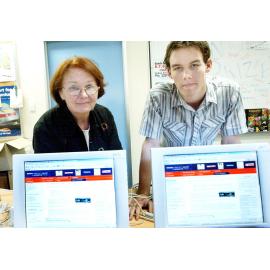 Val Somerville and Jamie Zeidler waiting to show Goodna residents the new website, Goodna, June 2003