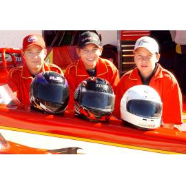 Dan, Sam, and Josh Fletcher ready for drag racing, Ipswich, June 2003