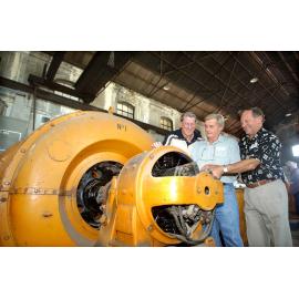 Electricians  Gerry O'Sullivan, Mick Boland and Grahame Kruger at the railway workshops, Ipswich, February 2003