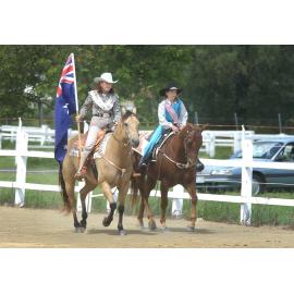 Christine and Jessica Balatinacz participating in a rodeo, Rosewood, March 2003