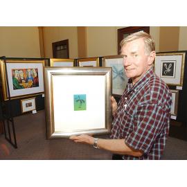 Ron Hunt with Pro Hunt artworks at the gallery, Ipswich, March 2003
