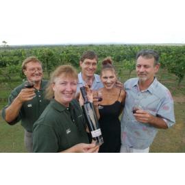 Mick Hall, Jenny Hall, Greg Jardine, Denise Land and Bill Land at a winery, Ipswich, April 2003