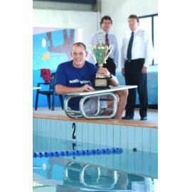 Robert McDonald, Cr David Morrison and Kym Wickstein at Waterworx Aquatic Lifestyle Centre, Ipswich, April 2003