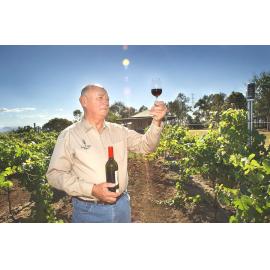 Barry Hoffensetz with a bottle of wine in a vineyard, Ipswich, November 2003