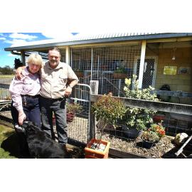 Winners of the Chamber of Commerce Awards, Christine Ibbotson and Max Crimmins with dog, Jimmy, at the Imparra Pet Motel, Purga, November 2003