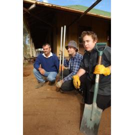 Ian Wilson, Alister Neumann and Jeff Smalley preparing for works at Coonana Homestead, New Chum, Ipswich, August 2003