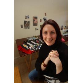 Nina with fashion design illustrations, Ipswich, August 2003