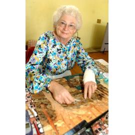 Joan Gilbert working on a bark picture, Ipswich, May 2003