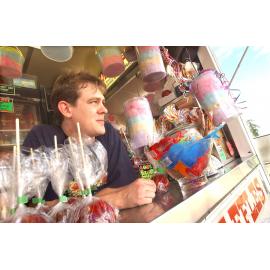 Unidentified man and woman selling snacks at the Ipswich show, Ipswich, May 2003