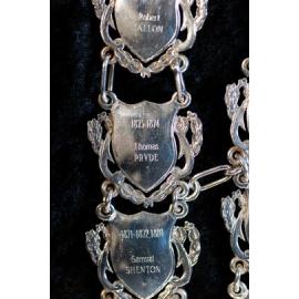Shield for 8th Mayor of Ipswich Samuel Shenton, and 9th Mayor Thomas Pryde, close-up of the Ipswich Mayoral Chains of Office, in use since 2010 