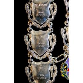 Shield for 8th Mayor of Ipswich Samuel Shenton, 7th Mayor James Foote, and 6th mayor Harry Hooper, close-up of the Ipswich Mayoral Chains of Office, in use since 2010 