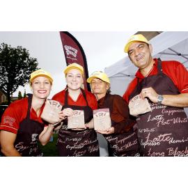 Muffin Break team Nicole Mathias, Erin Warner, Annette broderick and Charles Carnovale, at  the Ipswich 150th birthday celebrations, d'Arcy Doyle Place, Ipswich, March 2010
