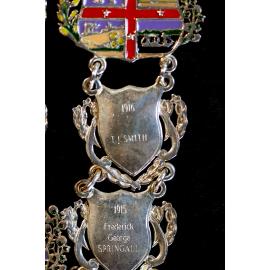 Shield for 36th Mayor of Ipswich Thomas Joseph Smith, and 35th Mayor of Ipswich Frederick George Springall, close-up of the Ipswich Mayoral Chains of Office, in use since 2010 
