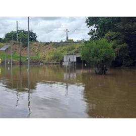 Drone image of the Bremer River as flood waters begin to recede, Marsden Parade, Ipswich, March 2025