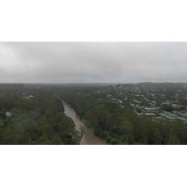 Drone image of the Bremer River in flood, Ipswich, March 2025