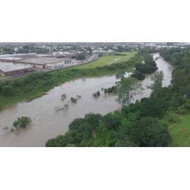Drone image of The Basin section of the Bremer River in flood, Ipswich, March 2025