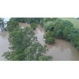 Drone image of the Bremer River in flood, Ipswich, March 2025