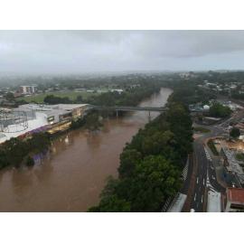 Drone image of the David Trumpy Bridge and Bremer River in flood, Ipswich, March 2025