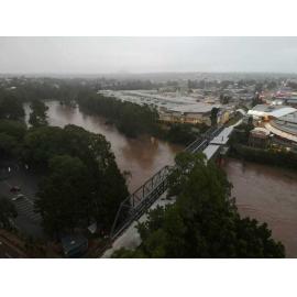 Drone image of the Bremer River in flood, Ipswich, March 2025