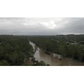 Drone image of the Bremer River in flood, Ipswich, March 2025