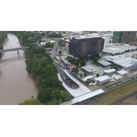 Drone image of the Bremer River in flood, Ipswich, March 2025