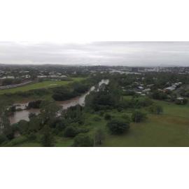 Drone image of the Bremer River in flood, Ipswich, March 2025