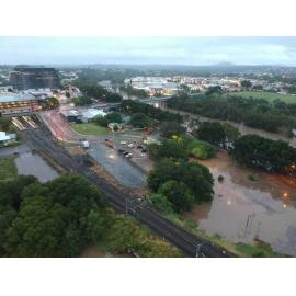 Drone image of the Bremer River in flood, Ipswich, March 2025