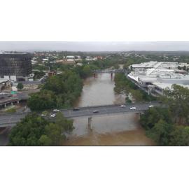 Drone image of the Bremer River in flood, Ipswich, March 2025
