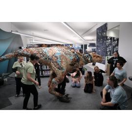 Dinosaur, part of the launch of the Ipswich Children's Library, visiting the Ipswich Central Library, 2021