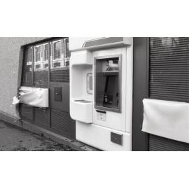 Damaged Automatic Teller Machine (ATM) at Westpac, in the aftermath of the Reid's (Cribb & Foote) fire, Bell Street, Ipswich, August 1985