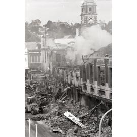 Smouldering ruins of Reid's (Cribb & Foote), Bell Street, Ipswich, August 1985