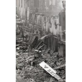 Smouldering ruins of Reid's (Cribb & Foote), Bell Street, Ipswich, August 1985