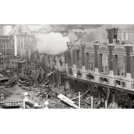 Smouldering ruins of Reid's (Cribb & Foote), Bell Street, Ipswich, August 1985