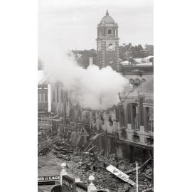 Smouldering ruins of Reid's (Cribb & Foote), Bell Street, Ipswich, August 1985