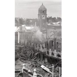 Smouldering ruins of Reid's (Cribb & Foote), Bell Street, Ipswich, August 1985